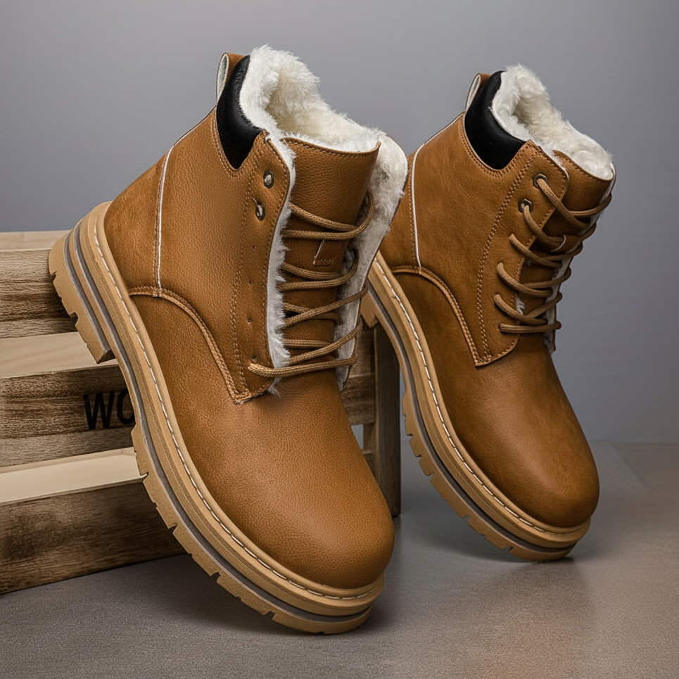 Tan fleece-lined ankle boots for men with lace-up closure, lug soles, and contrast stitching, angled view