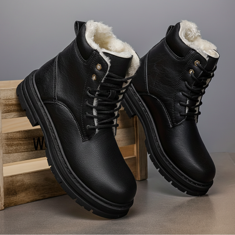 Black fleece-lined ankle boots for men with lace-up closure, lug soles, and contrast stitching
