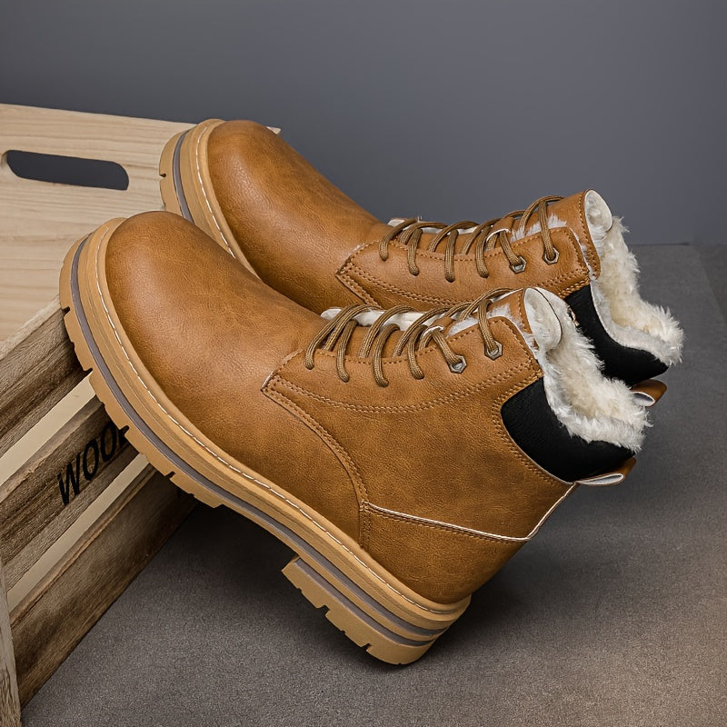 Tan fleece-lined ankle boots for men with lace-up closure, lug soles, and contrast stitching