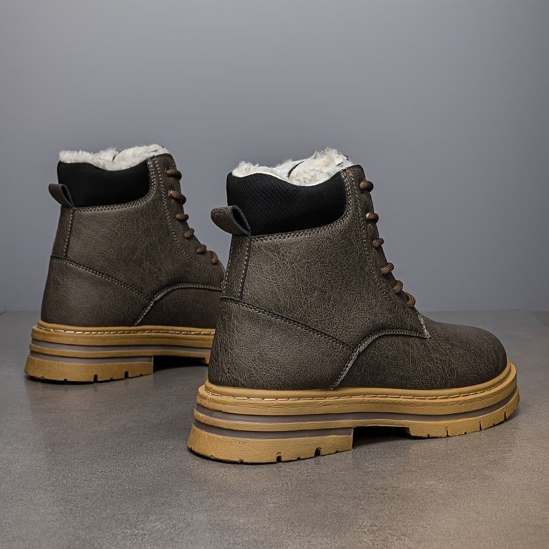 Brown fleece-lined ankle boots for men with lace-up closure, lug soles, and contrast stitching