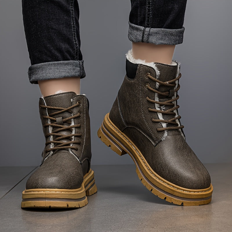 Brown fleece-lined ankle boots worn by a person, featuring lace-up closure, lug soles, and contrast stitching