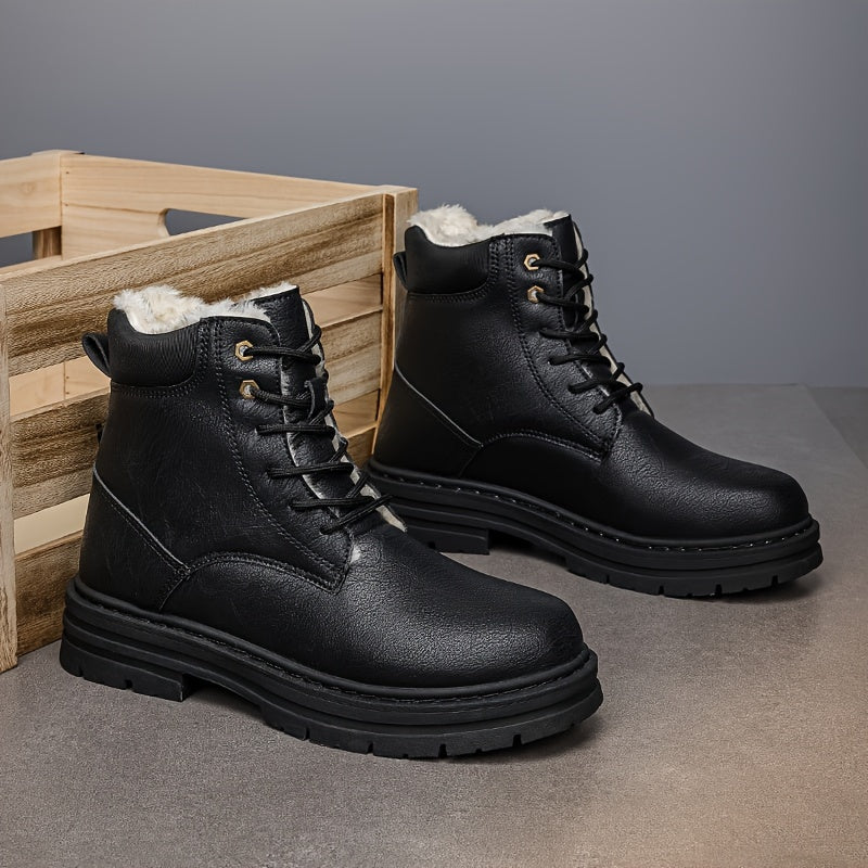 Black fleece-lined ankle boots for men with lace-up closure, lug soles, and contrast stitching, angled view