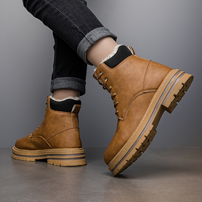 Tan fleece-lined ankle boots worn by a person, featuring lace-up closure, lug soles, and contrast stitching