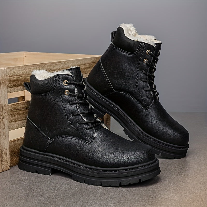 Black fleece-lined ankle boots for men with lace-up closure, lug soles, and contrast stitching, angled view