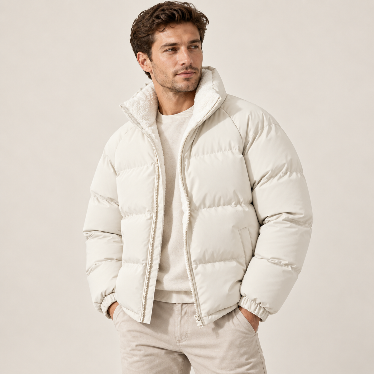 A man wearing a white fleece-lined puffer jacket with a high collar and padded design