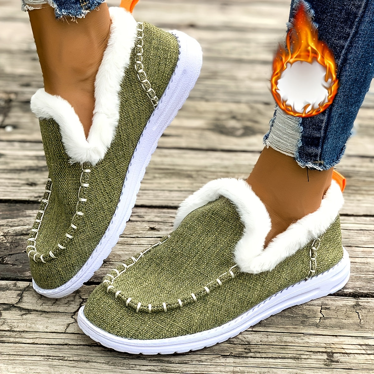 Olive Green fleece-lined slip-on sneakers for women with soft fur lining and textured knit upper