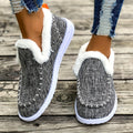 Gray fleece-lined slip-on sneakers for women with soft faux fur lining and textured knit upper