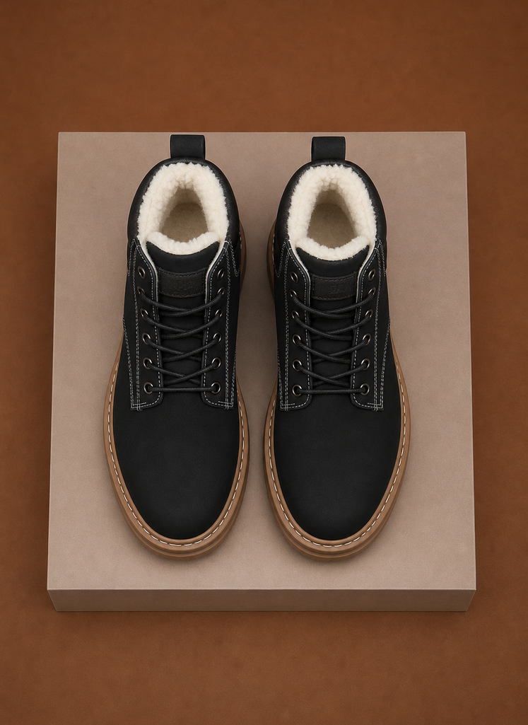 Black fur-lined ankle boots for men shown from the top with lace-up closure, lug soles, and contrast stitching