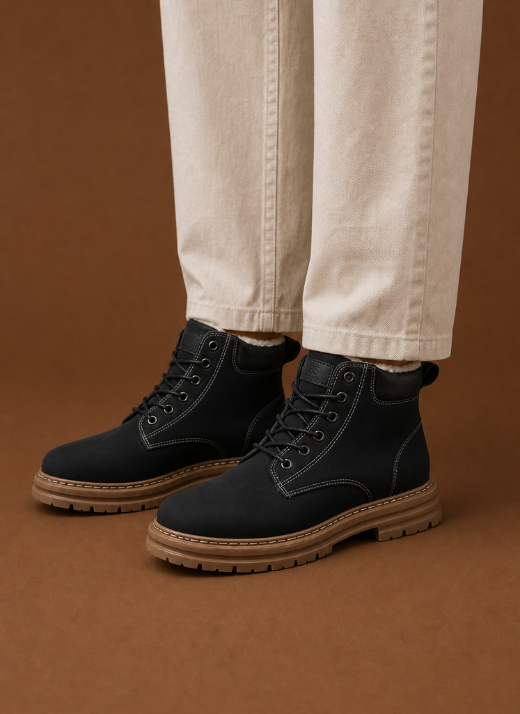 Black fur-lined ankle boots for men worn by a person, featuring lace-up closure, lug soles, and contrast stitching