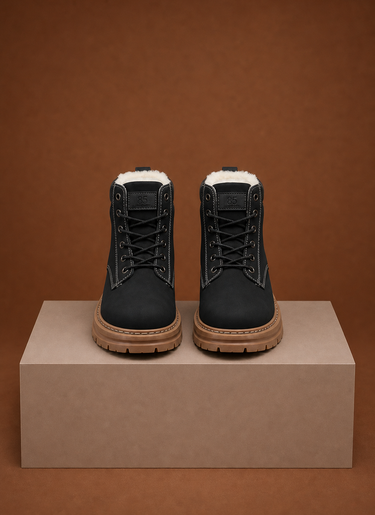 Black fur-lined ankle boots for men displayed on a pedestal, featuring lace-up closure, lug soles, and contrast stitching