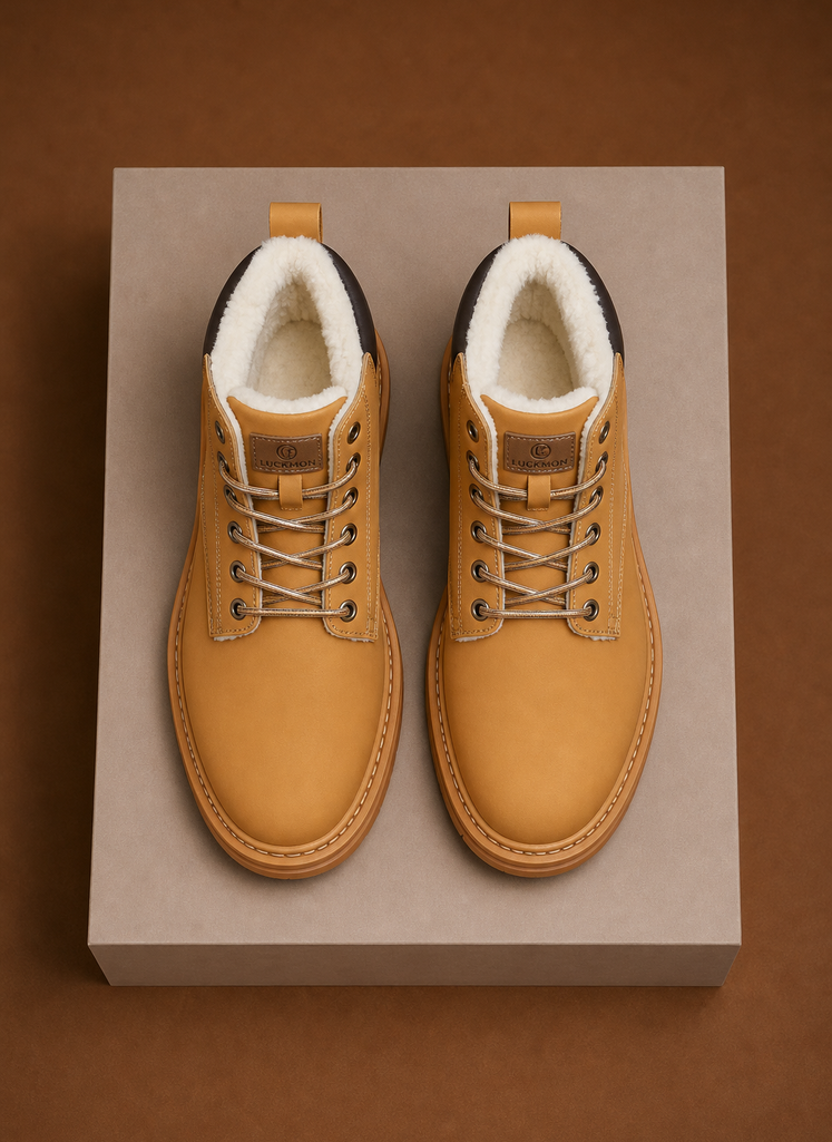 Tan fur-lined ankle boots for men shown from the top with lace-up closure, lug soles, and contrast stitching