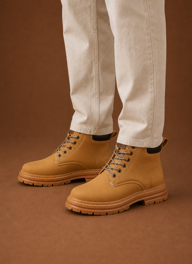 Tan fur-lined ankle boots for men worn by a person, featuring lace-up closure, lug soles, and contrast stitching