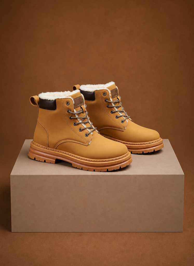 Tan fur-lined ankle boots for men displayed on a pedestal, featuring lace-up closure, lug soles, and contrast stitching
