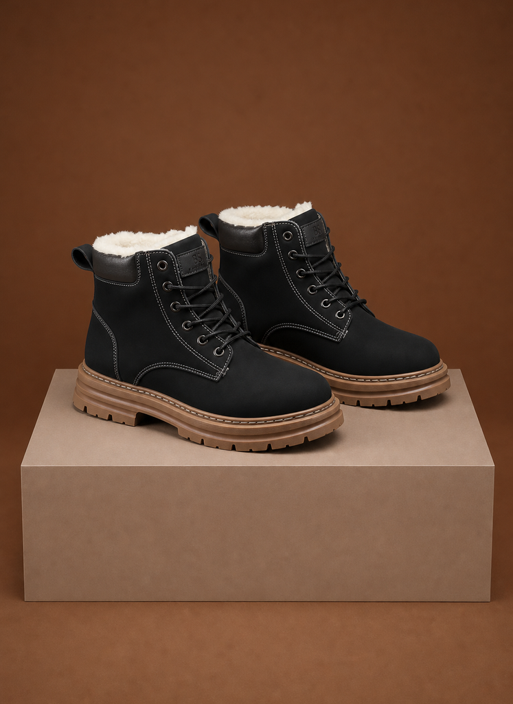Black fur-lined ankle boots for men with lace-up closure, lug soles, and contrast stitching