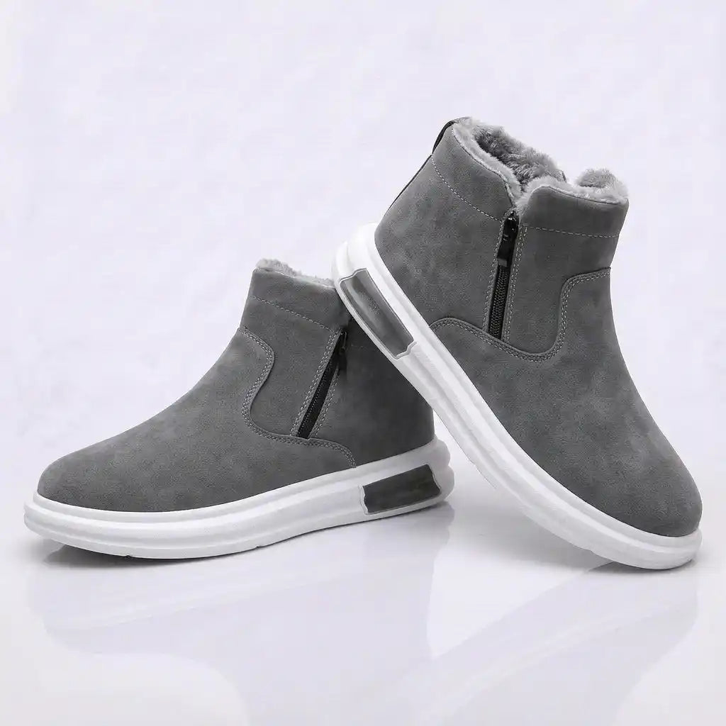 Gray fur-lined winter boots for men with a wide toe box, side zip, and soft fleece lining
