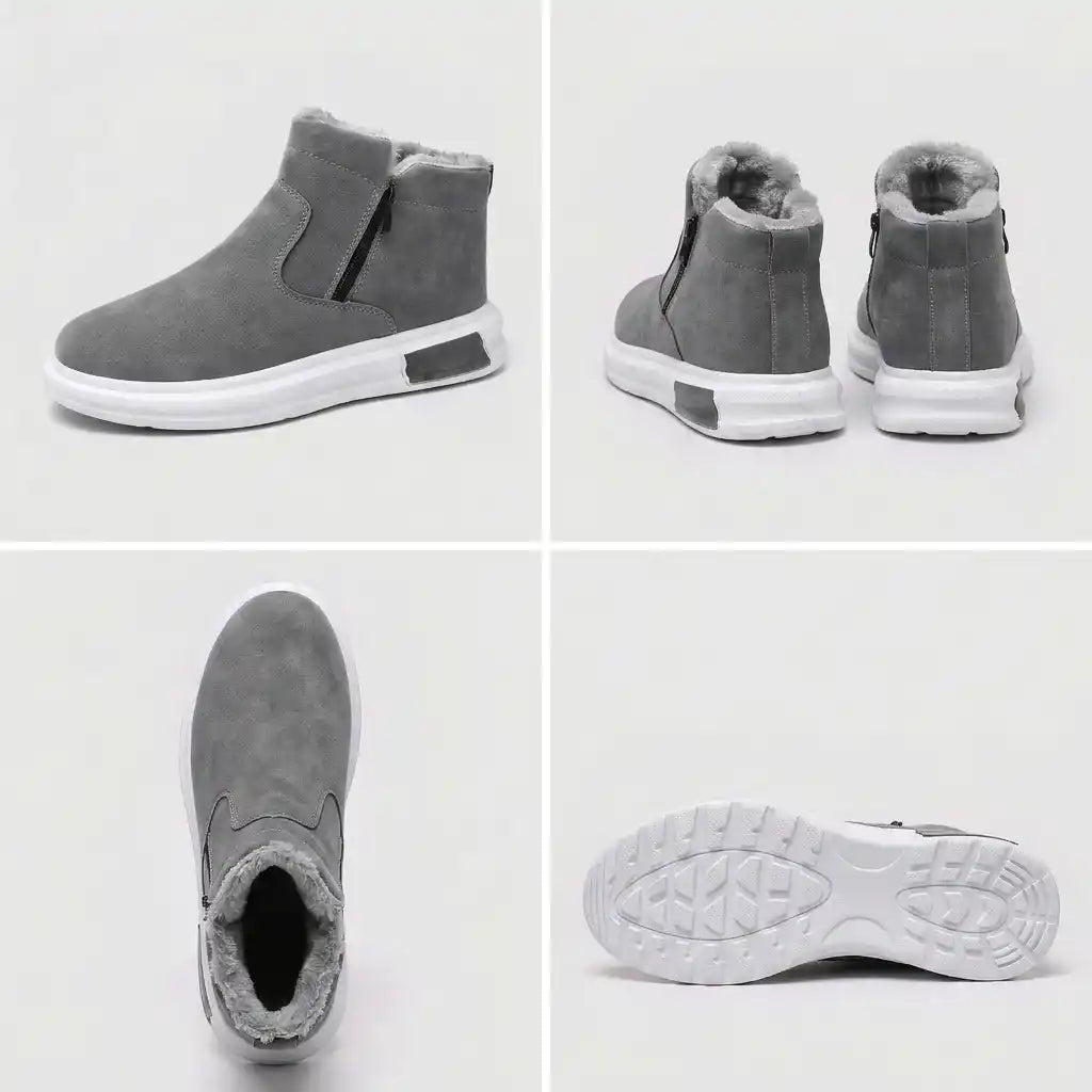 Gray fur-lined winter boots for men shown from multiple angles with a wide toe box and side zip