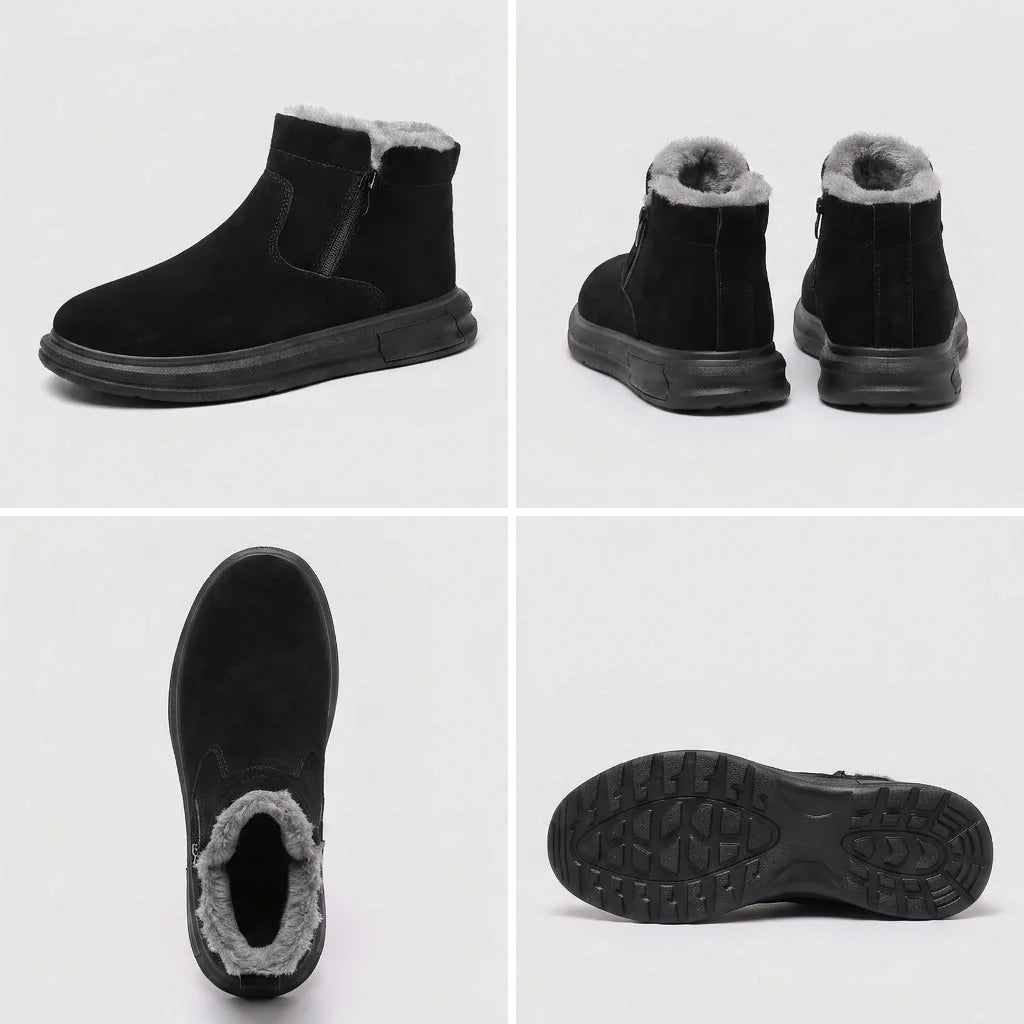 Black fur-lined winter boots for men with a wide toe box and side zip, shown from multiple angles