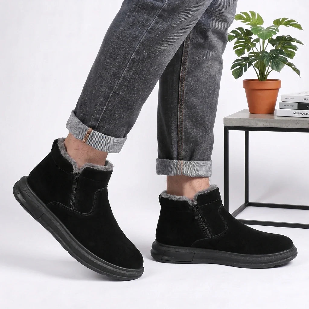 Black fur-lined winter boots for men with a wide toe box and side zip, shown from multiple angles