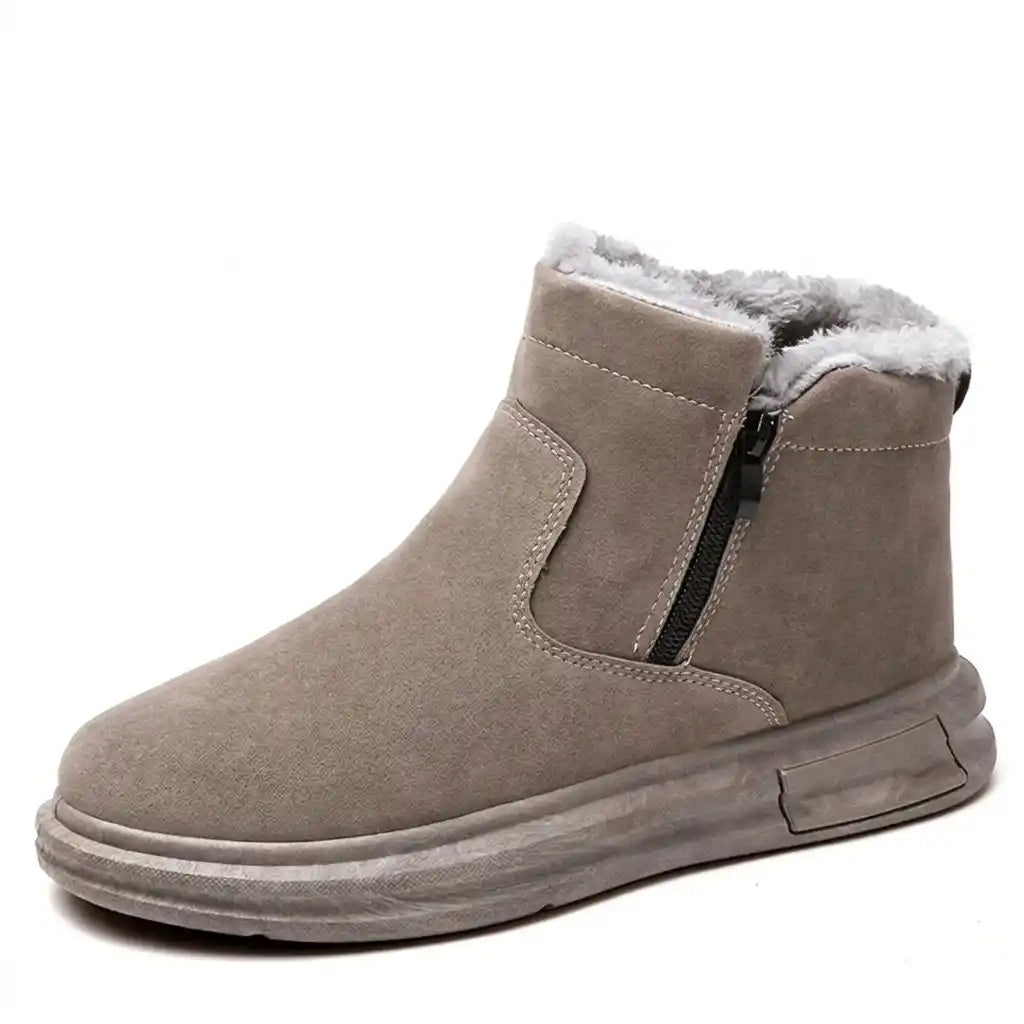 Black fur-lined winter boots for men with a wide toe box, side zip, and soft fleece lining