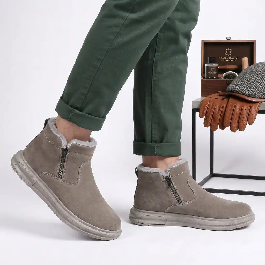 Taupe fur-lined winter boots for men with a wide toe box, side zip, and rugged sole