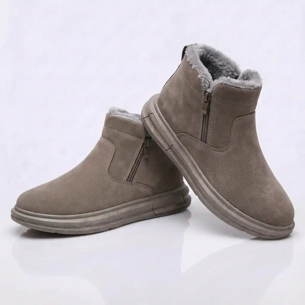 Taupe fur-lined winter boots for men with a wide toe box, side zip, and cushioned sole