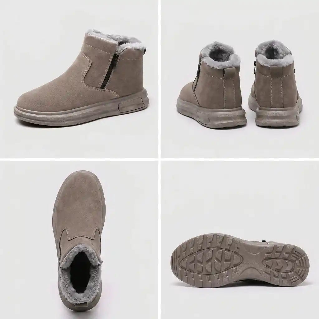Taupe fur-lined winter boots shown from multiple angles with a wide toe box and side zip