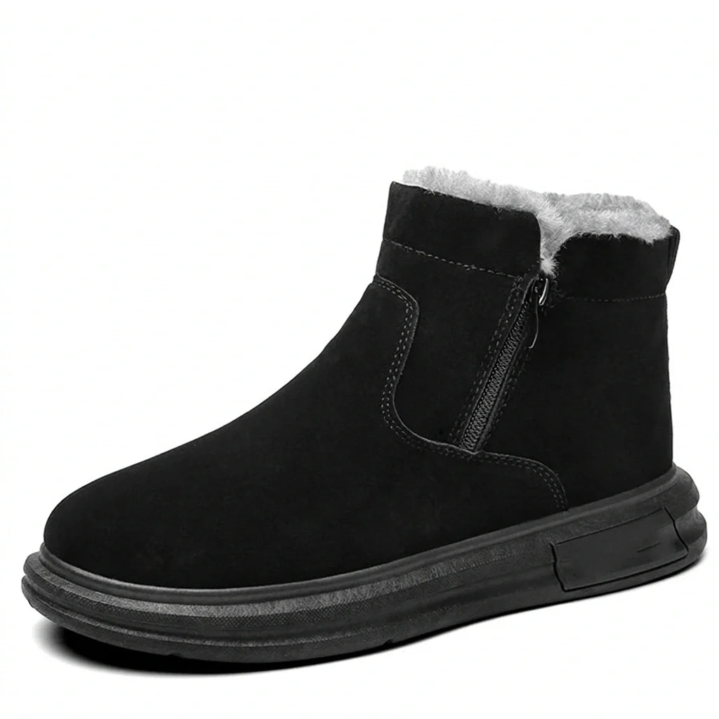Black fur-lined winter boots for men with a wide toe box, side zip, soft fleece lining, and rugged sole