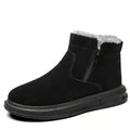 Black fur-lined winter boots for men with a wide toe box, side zip, soft fleece lining, and rugged sole
