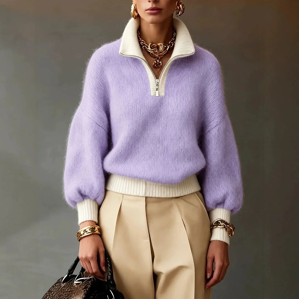 Lavender fuzzy knit quarter-zip sweater with cream contrast trim, balloon sleeves, and a relaxed, soft-textured fit.