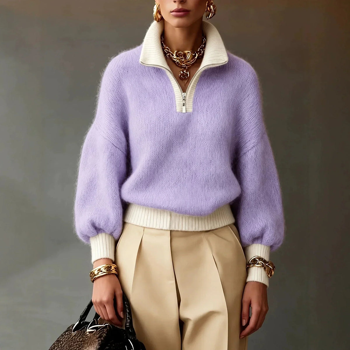 Lavender fuzzy knit quarter-zip sweater with cream contrast trim, balloon sleeves, and a relaxed, soft-textured fit.