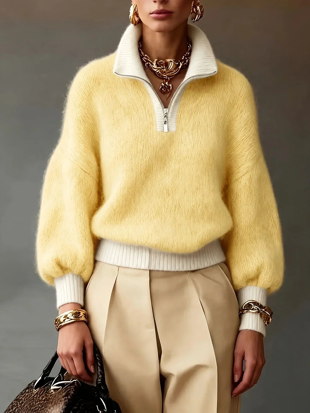 Fuzzy yellow knit quarter-zip sweater with white contrast ribbed trim, balloon sleeves, and a relaxed fit.