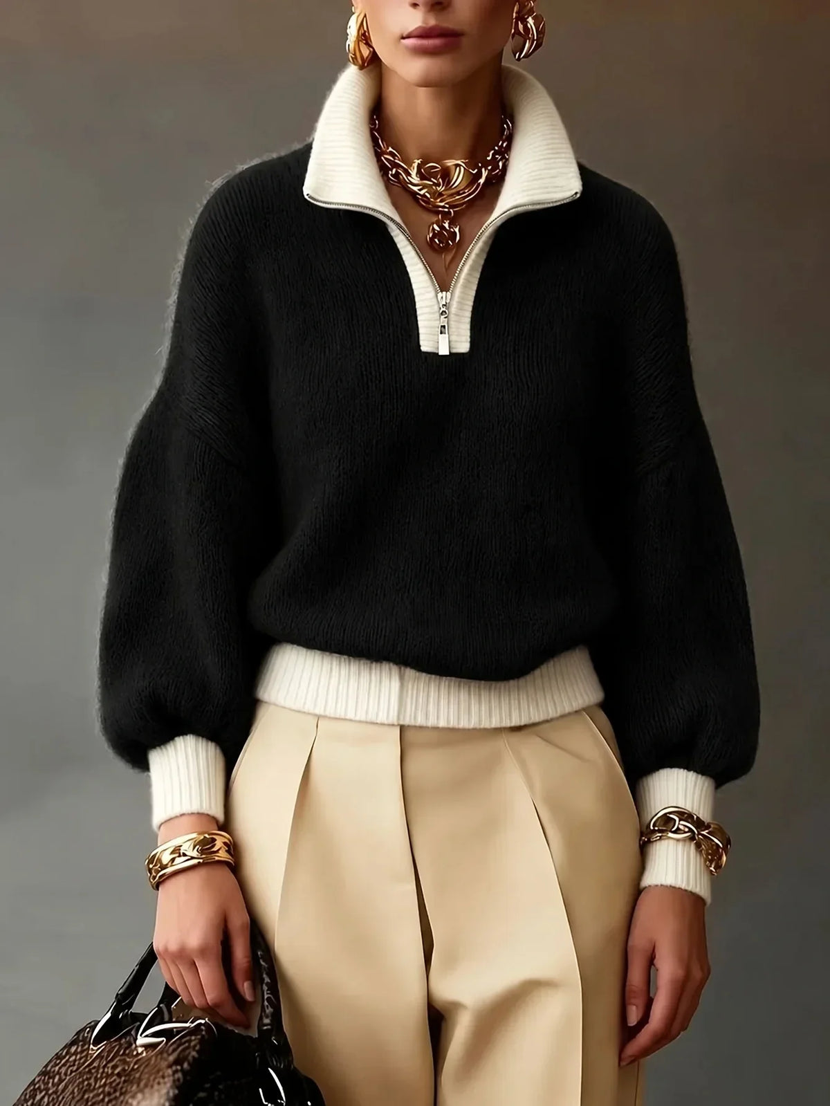 Black fuzzy knit quarter-zip sweater with white contrast ribbing, balloon sleeves, and a relaxed fit.