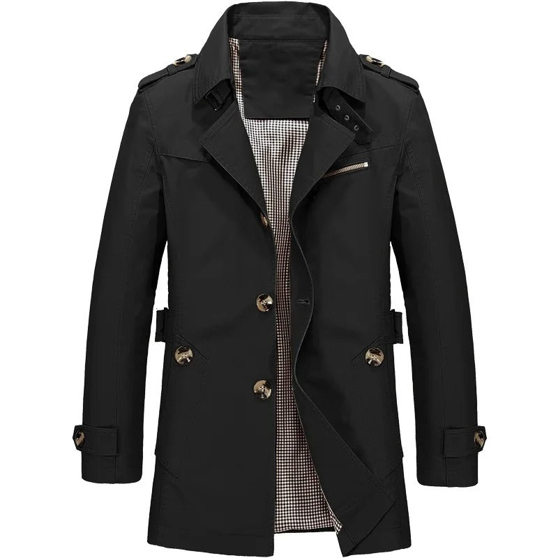 Gabriel Cotton Twill Trench Coat – Notch Lapel Zip Pocket Belted Cuff Jacket