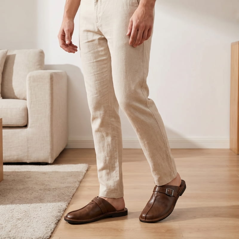 Legs in beige trousers wearing brown leather buckle mules, standing in a living room near a sofa and rug
