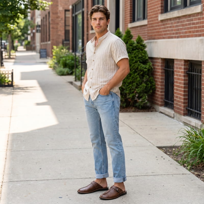 Man in striped short-sleeve shirt and cuffed jeans standing on a brick-lined sidewalk wearing brown leather buckle mules
