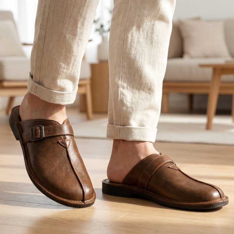 Legs in cuffed beige linen trousers wearing brown leather buckle mules, standing on a wooden floor indoors