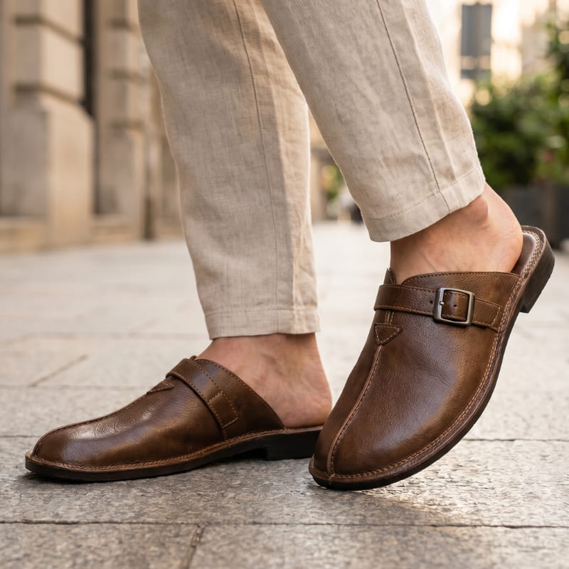 Legs in cuffed beige linen trousers wearing brown leather buckle mules, walking on an outdoor stone plaza