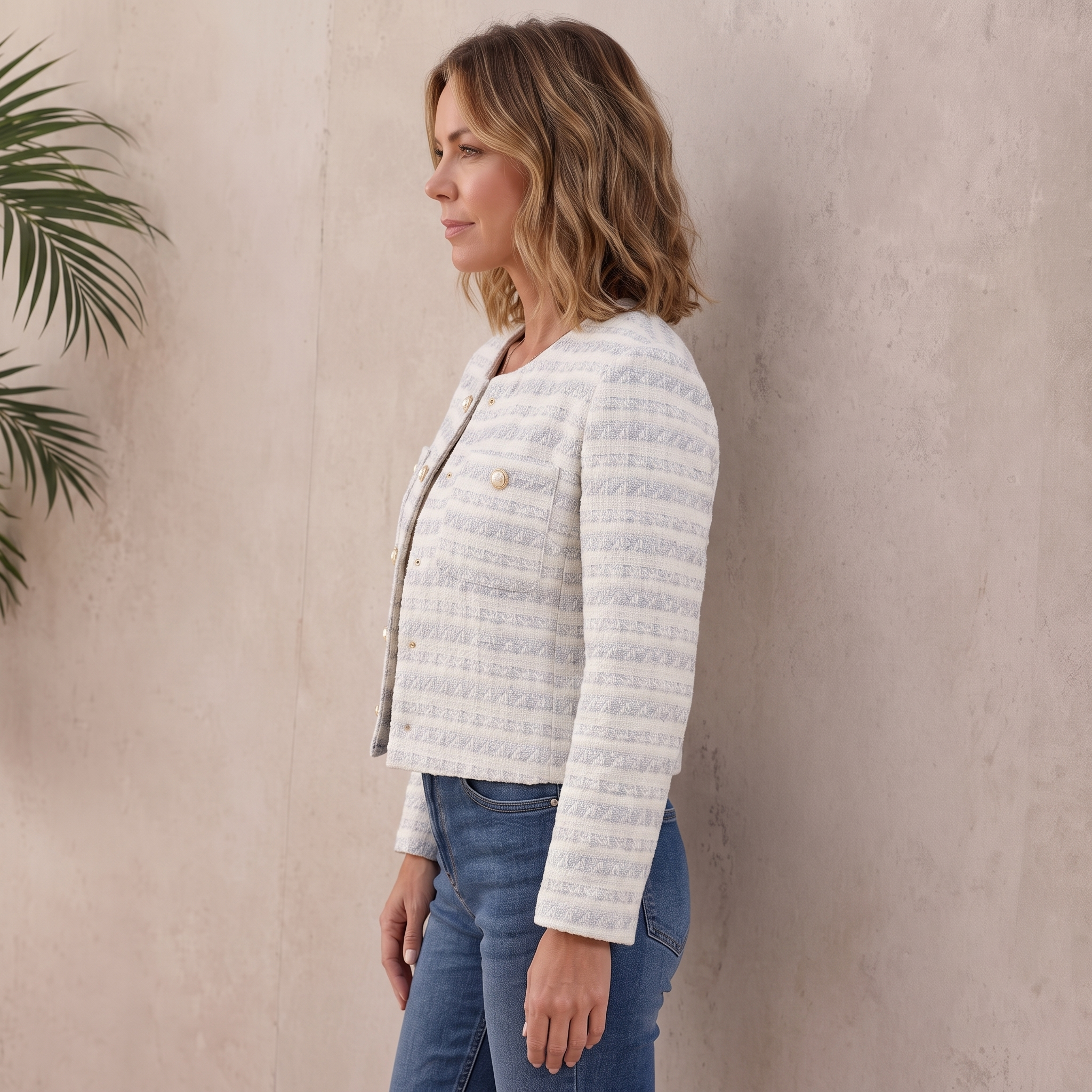 Side view of a woman wearing a light gray textured tweed jacket with gold-tone buttons, round neckline, and tailored fit.
