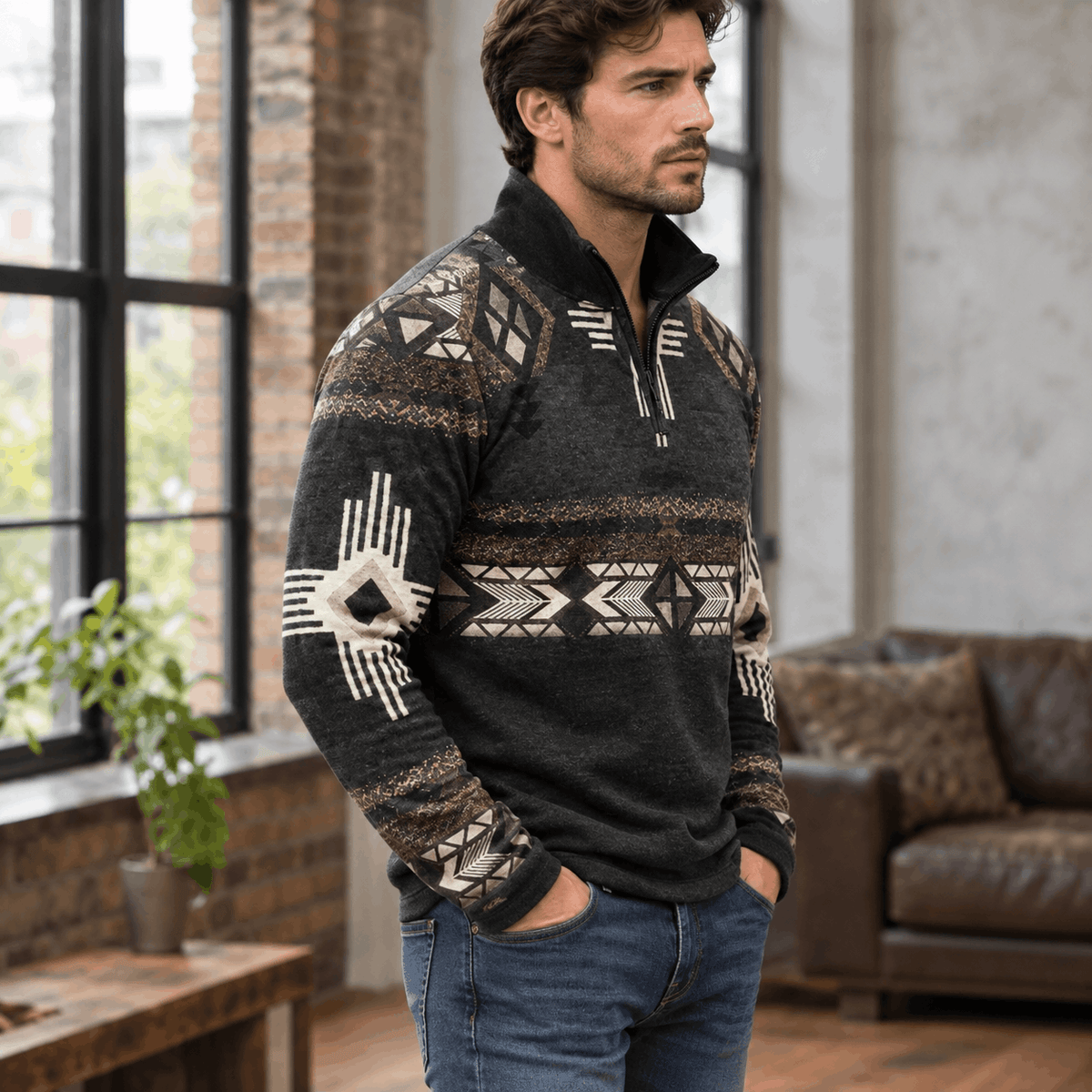 Black quarter-zip sweater featuring a geometric print, stand collar, and relaxed fit worn with blue denim jeans.