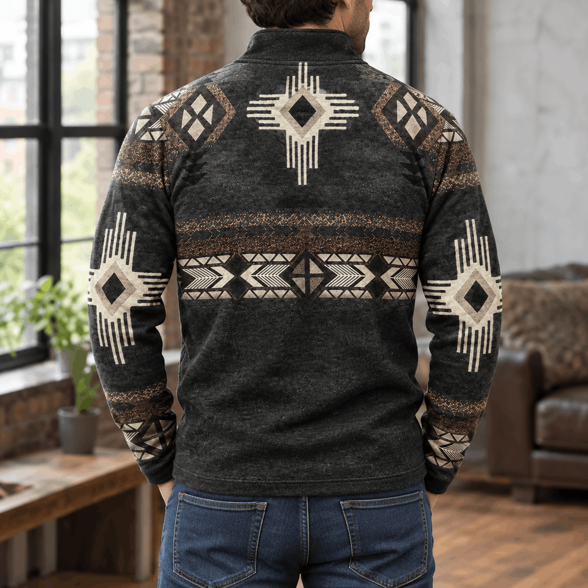 Black quarter-zip sweater featuring a bold geometric print across the back and sleeves in a relaxed, soft-touch knit.