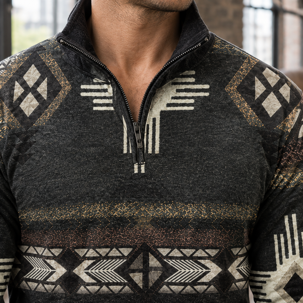 Black quarter-zip sweater featuring a soft-touch blend, stand collar, and bold geometric graphic bands across the chest.