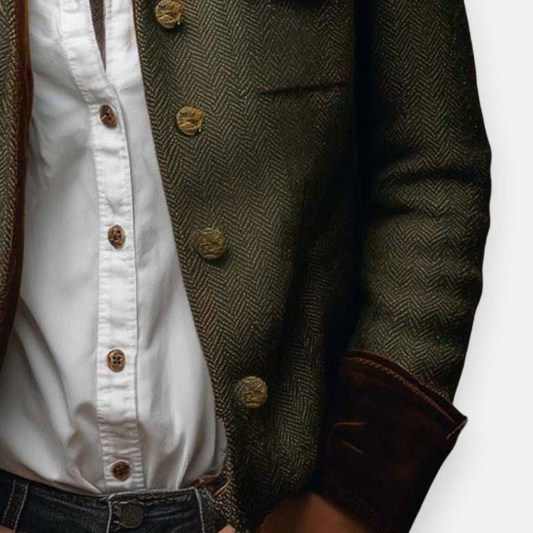 Georgia Herringbone Tweed Jacket – Velvet-Trim Collarless Button-Front Outerwear