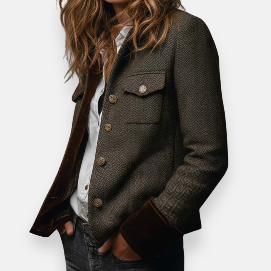 Georgia Herringbone Tweed Jacket – Velvet-Trim Collarless Button-Front Outerwear