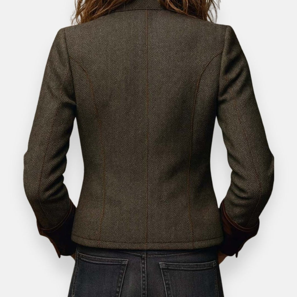 Georgia Herringbone Tweed Jacket – Velvet-Trim Collarless Button-Front Outerwear