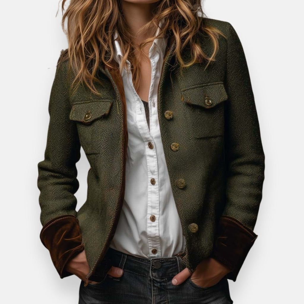 Georgia Herringbone Tweed Jacket – Velvet-Trim Collarless Button-Front Outerwear