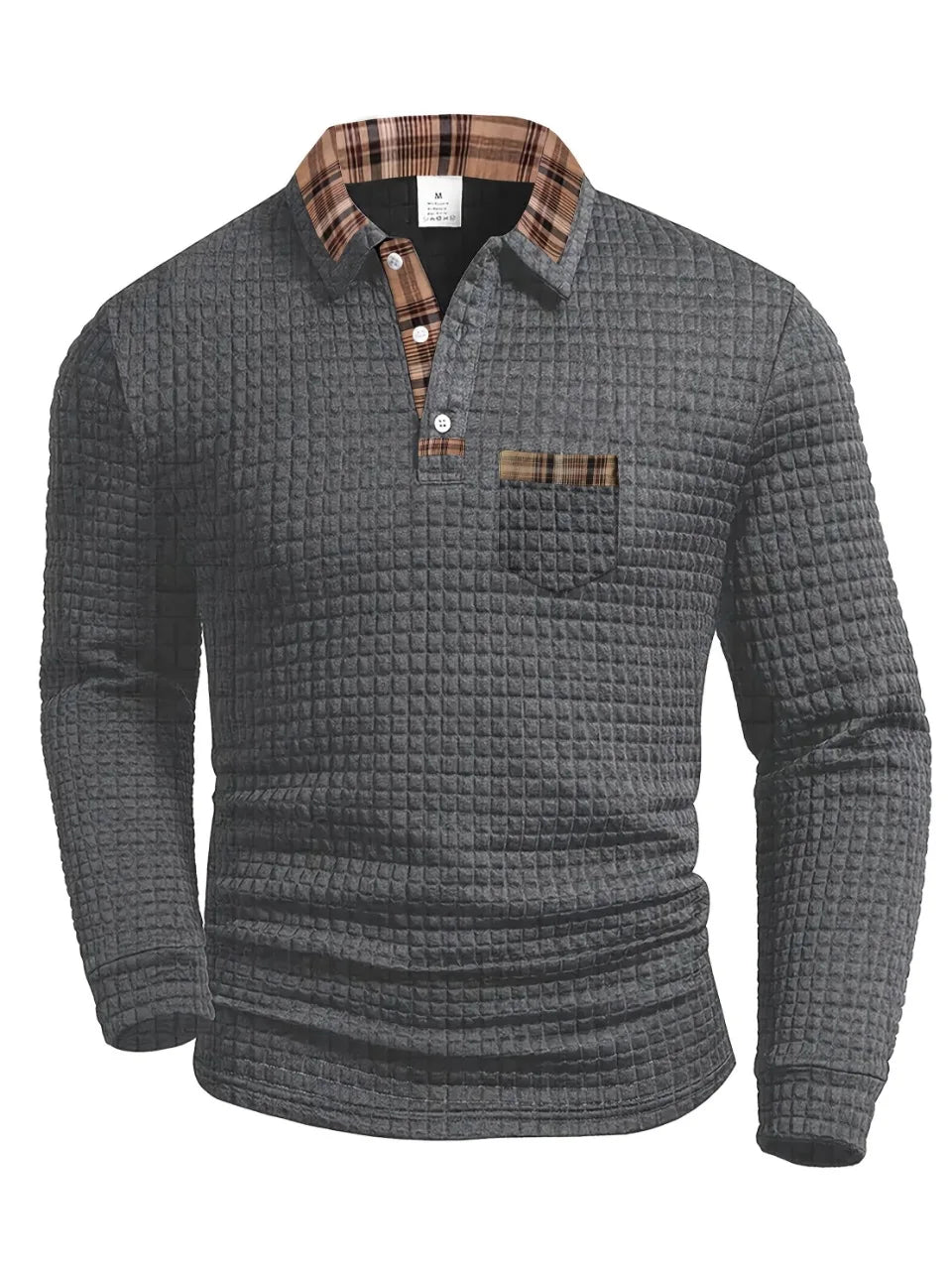 Giovani Cotton Blend Polo – Grid Texture Plaid Collar Long-Sleeve Shirt