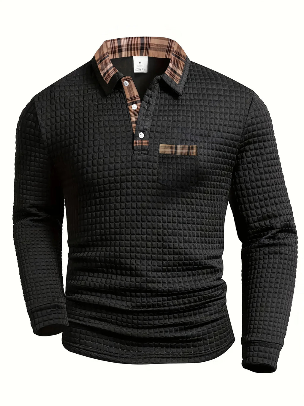 Giovani Cotton Blend Polo – Grid Texture Plaid Collar Long-Sleeve Shirt
