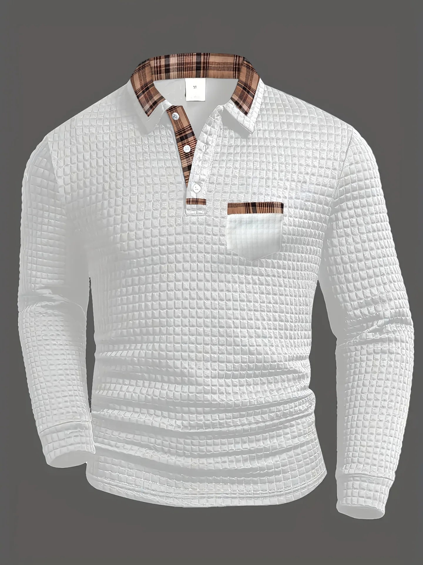 Giovani Cotton Blend Polo – Grid Texture Plaid Collar Long-Sleeve Shirt