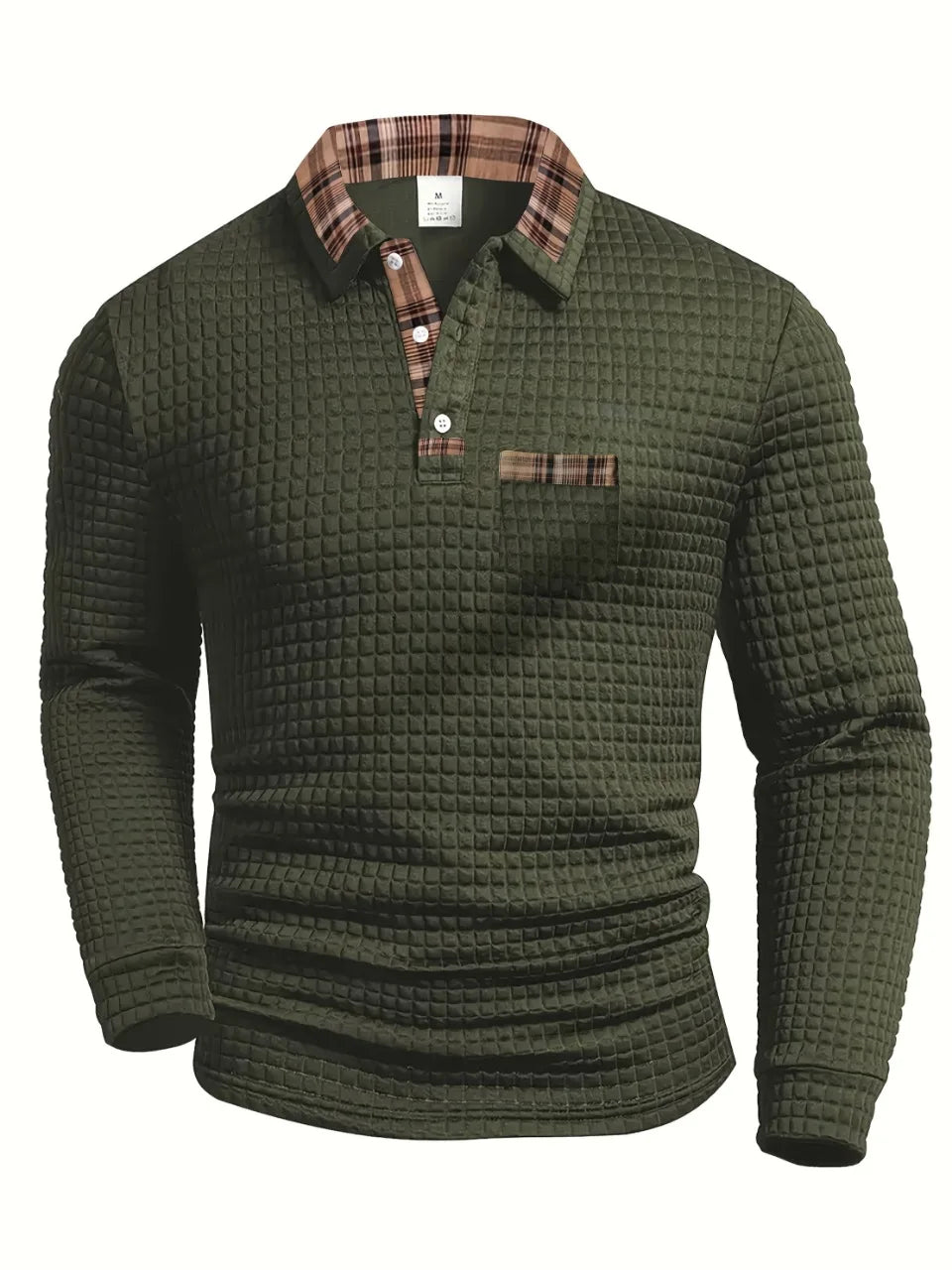 Giovani Cotton Blend Polo – Grid Texture Plaid Collar Long-Sleeve Shirt
