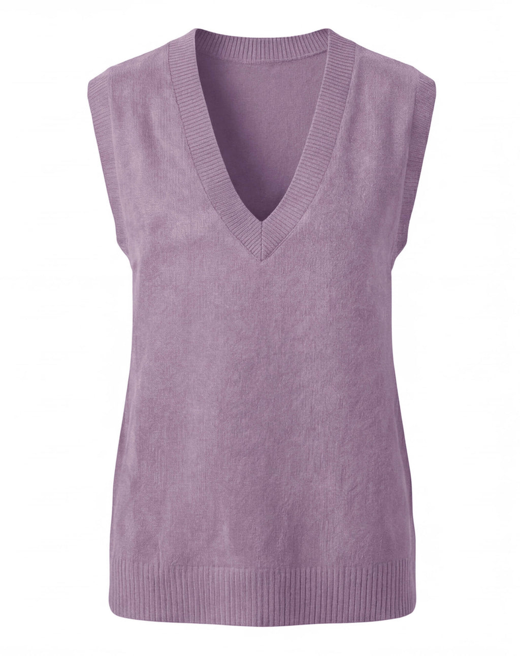 Women's purple knit sweater vest featuring a V-neck, sleeveless design, ribbed trim, and a soft textured knit.